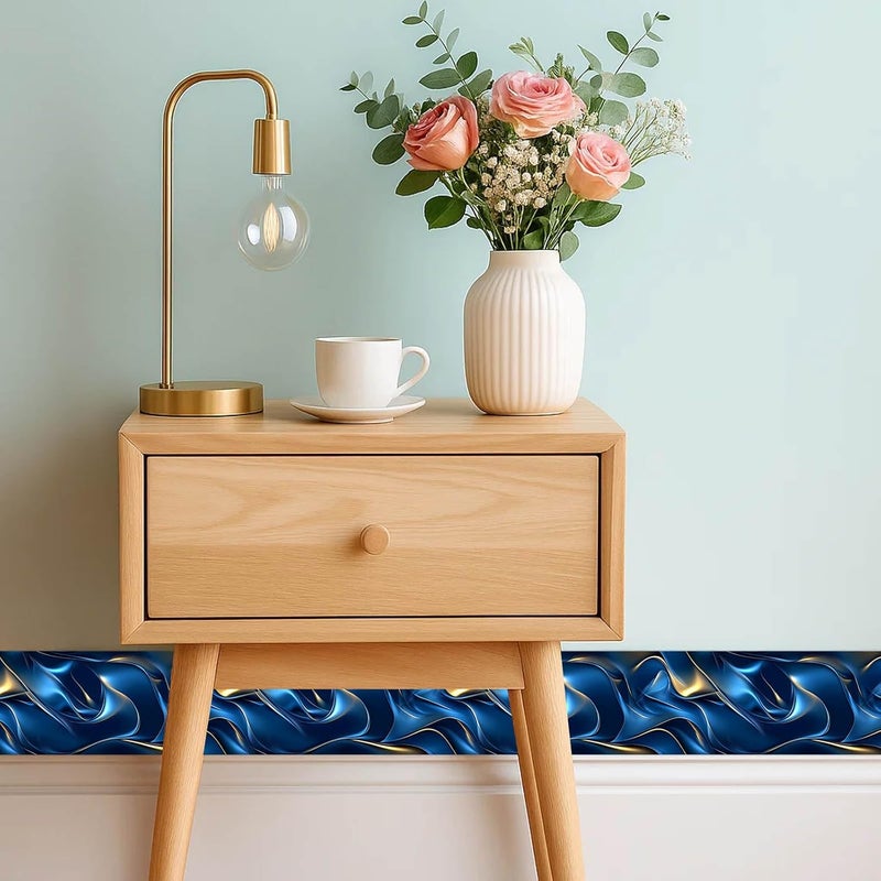 IVN Wallpaper Border Peel and Stick Decorative Wall Trim Self Adhesive Blue and Gold Wave Accent Strip for Bathroom Laundry Room Pool Area Mirror Frame Shelf Wall Edge 4x196 Inch Modern Design - Image 2